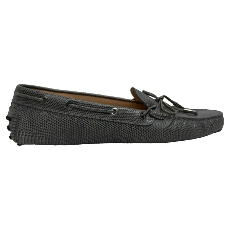 Tod's Lizard Embossed Leather Bow Loafers In Grey Leather